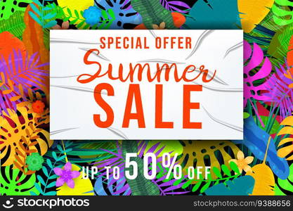 Summer Sale Template background colorful tropical plants, flowers and leaves. White sticker with wrinckles, glued paper patch. Seamless pattern on background layer, banner, modern summer sale. Vector illustration. Summer Sale Template background colorful tropical plants, flowers and leaves