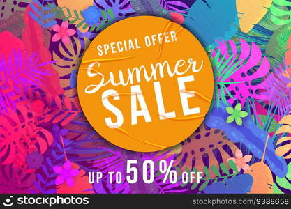 Summer Sale Template background colorful tropical plants, flowers and leaves. Yellow sticker with wrinckles, glued paper patch. Seamless pattern on background layer, banner, modern summer sale. Vector illustration. Summer Sale Template background colorful tropical plants, flowers and leaves