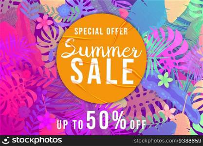 Summer Sale Template background colorful tropical plants, flowers and leaves. Yellow sticker with wrinckles, glued paper patch. Seamless pattern on background layer, banner, modern summer sale. Vector illustration. Summer Sale Template background colorful tropical plants, flowers and leaves