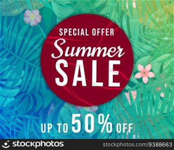 Summer Sale Template background tropical plants, flowers and leaves. Red sticker with wrinckles, glued paper patch. Seamless pattern on background layer, banner, modern summer sale. Vector illustration. Summer Sale Template background tropical plants, flowers and leaves