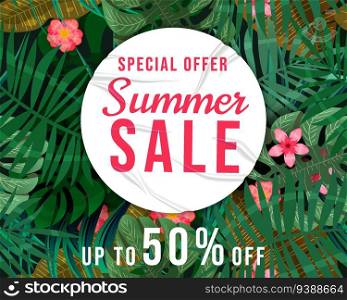 Summer Sale Template background tropical plants, flowers and leaves. White sticker with wrinckles, glued paper patch. Seamless pattern on background layer, banner, modern summer sale. Vector illustration. Summer Sale Template background tropical plants, flowers and leaves