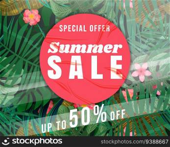 Summer Sale Template background tropical plants, flowers and leaves. Pink sticker with wrinckles, glued paper patch. Seamless pattern on background layer, banner, modern summer sale. Vector illustration. Summer Sale Template background tropical plants, flowers and leaves