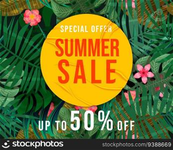 Summer Sale Template background tropical plants, flowers and leaves. Yellow sticker with wrinckles, glued paper patch. Seamless pattern on background layer, banner, modern summer sale. Vector illustration. Summer Sale Template background tropical plants, flowers and leaves