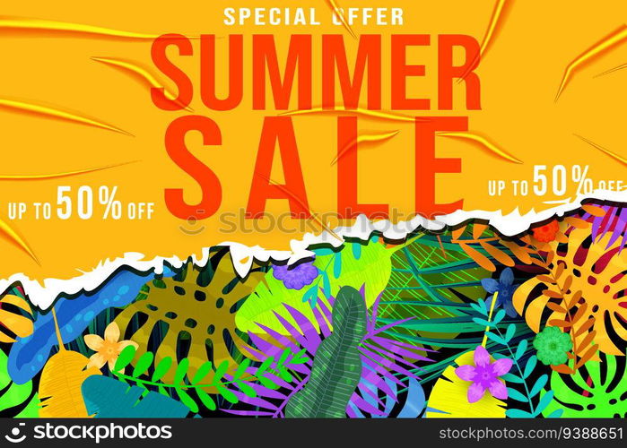 Summer Sale Template background. Yellow torn sticker with wrinckles, glued paper patch. Tropical plants, flowers and leaves. Seamless pattern on banner. Vector illustration. Summer Sale Template banner. Yellow sticker with wrinckles