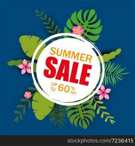 Summer sale template banner, poster with palm leaves, jungle leaf. Summer sale template banner, poster with palm leaves, jungle leaf. Floral tropical summer background. Vector illustration template