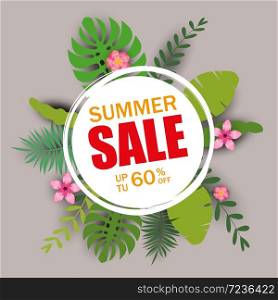 Summer sale template banner, poster with palm leaves, jungle leaf. Summer sale template banner, poster with palm leaves, jungle leaf. Floral tropical summer background. Vector illustration template