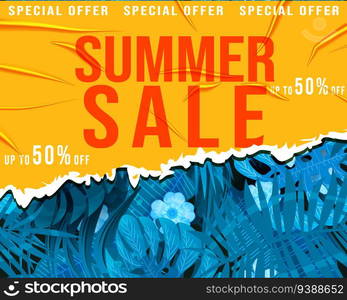 Summer Sale Template banner. Yellow torn sticker with wrinckles, glued paper patch. Tropical plants, flowers and leaves. Seamless pattern on background, modern summer sale banner. Vector illustration. Summer Sale Template banner. Yellow sticker with wrinckles