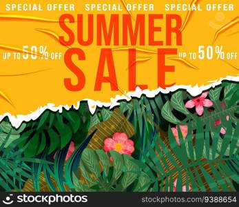 Summer Sale Template banner. Yellow torn sticker with wrinckles, glued paper patch. Tropical plants, flowers and leaves. Seamless pattern on background, modern summer sale banner. Vector illustration. Summer Sale Template banner. Yellow sticker with wrinckles