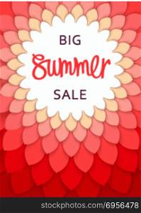 Summer Sale template design. Big Summer Sale. Round frame with stylized leaves pattern. Cut paper structure. Vector shopping banner and design elements.