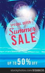 Summer Sale Template poster. Tropical sunset landscape, night sea, ocean, beach, party, palms. Transparent sticker with wrinckles, glued paper patch. Modern summer sale background. Vector illustration. Summer Sale Template poster. White sticker with wrinckles