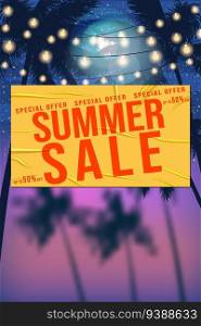 Summer Sale Template poster. Yellow sticker with wrinckles, glued paper patch. Tropical landscape, sea, ocean, beach, party, palms. Modern summer sale background. Vector illustration. Summer Sale Template poster. Yellow sticker with wrinckles
