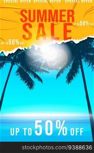 Summer Sale Template poster. Yellow torn sticker with wrinckles, glued paper patch. Tropical landscape, sea, ocean, beach, party, palms. Modern summer sale background. Vector illustration. Summer Sale Template poster. Yellow sticker with wrinckles