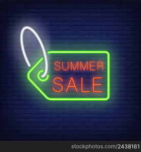 Summer sale text on tag in neon style. Green sale tag with red text on dark brick wall. Night bright advertisement. Vector illustration in neon style for shopping and advertisement