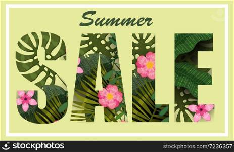Summer Sale trendy tropical leaves and flowers. Summer Sale trendy tropical leaves and flowers. Design. background template of exotic plants and hibiscus flowers. Trend pattern jungle. Vector, illustration, isolated, poster, banner, flyer, invitation