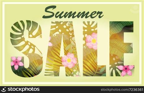 Summer Sale trendy tropical leaves and flowers. Summer Sale trendy tropical leaves and flowers. Design. background template of exotic plants and hibiscus flowers. Trend pattern jungle. Vector, illustration, isolated, poster, banner, flyer, invitation