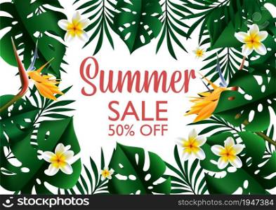 Summer Sale Tropical bright design template banner. Exotic green flowers with monstera and palm leaves. Promotion advertisement illustration for fashion, cosmetics accessorize. Vector background.. Summer Sale Tropical design template banner illustration