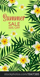 Summer Sale Tropical design template banner. Exotic green flowers with monstera and palm leaves. Promotion advertisement illustration for fashion, cosmetics accessorize. Vector background.. Summer Sale Tropical design OF template banner