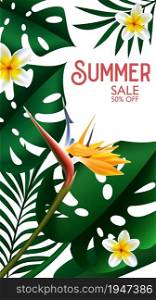 Summer Sale Tropical design template banner. Exotic green flowers with monstera and palm leaves. Promotion advertisement illustration for fashion, cosmetics accessorize. Vector background.. Summer Sale Tropical design FOR template banner