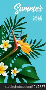 Summer Sale Tropical design template banner. Exotic green flowers with monstera and palm leaves. Promotion advertisement illustration for fashion, cosmetics accessorize. Vector background.. Summer Sale Tropical design for template design