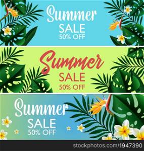 Summer Sale Tropical design template banner. Exotic green flowers with monstera and palm leaves. Promotion advertisement illustration for fashion, cosmetics accessorize. Vector background.. Summer Sale Tropical design template banner illustration