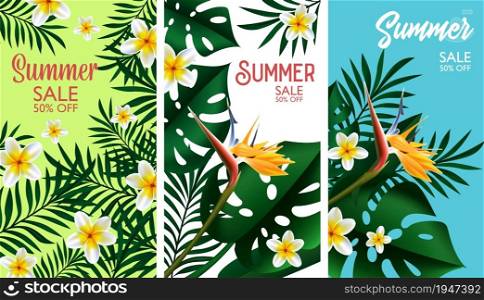 Summer Sale Tropical design template banner. Exotic green flowers with monstera and palm leaves. Promotion advertisement illustration for fashion, cosmetics accessorize. Vector background.. Summer Sale Tropical design template banner illustration