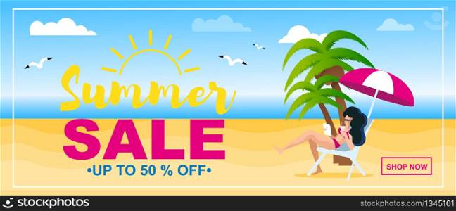 Summer Sale up to 50 Percent Discount Flat Banner. Store Marketing Promotion. Seaside, Ocean and Gulls on Backdrop. Beautiful Woman Along Sunbathing on Beach. Vector Cartoon Illustration. Summer Sale up to 50 Percent Discount Flat Banner