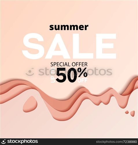Summer sale vector background on light yellow sand beach background. Nature summer tropic concept. Abstract realistic paper decoration for design textured with cardboard wavy layers. Creative pastel minimal backdrop.. Summer sale vector background on light yellow sand beach background.
