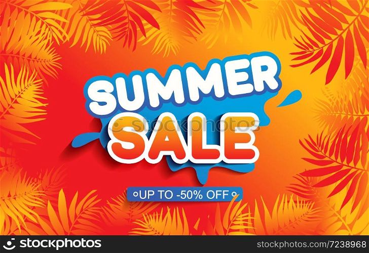 Summer sale vector background with palm leaf on light yellow sand beach background. Nature summer tropic concept. Discount text offer 50 percent off. Vector illustration.. Summer sale vector background with palm leaf on light yellow sand beach background. Nature summer tropic concept. Discount text offer 50 percent off. Vector illustration
