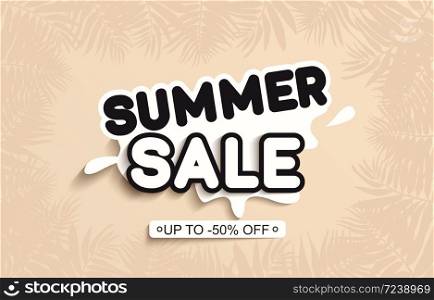 Summer sale vector background with palm leaf shadow on light yellow sand beach background. Nature summer tropic concept. Creative pastel minimal backdrop. Minimal style floral background. Discount text offer 50 percent off. Vector illustration.. Summer sale vector background with palm leaf shadow on light yellow sand beach background. Nature summer tropic concept. Creative pastel minimal backdrop. Minimal style floral background. Discount text offer 50 percent off. Vector illustration
