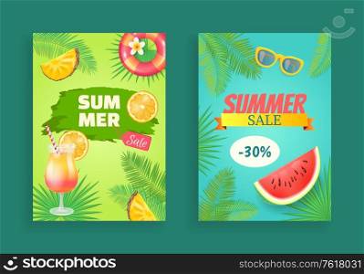 Summer sale vector banner, curved ribbon and label. Slices of pineapple, orange and watermelon, sun glasses, inflatable ring, palm leaves and cocktail. Summer Sale Vector Banner Promotion Leaflet Sample
