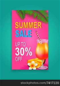 Summer sale vector banner, promotion leaflet sample. Cocktail in tumbler with straw, tropical flower, pineapple slice and palm leaves, seashore theme. Summer Sale Vector Banner Promotion Leaflet Sample