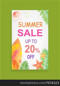 Summer sale vector banner, promotion leaflet sample. Season discount, sea beach theme set, seashell and starfish, surfboard with palm leaves print. Summer Sale Vector Banner Promotion Leaflet Sample