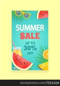 Summer sale vector banner, promotion leaflet sample. Season discount, watermelon and orange, pineapple segment, sun glasses and cocktail, palm leaves. Summer Sale Vector Banner Promotion Leaflet Sample