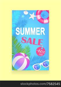 Summer sale vector banner, season discount leaflet. Beach ball and inflatable ring, sun glasses and palm leaves, seashell and starfish, promo adverising. Summer Sale Vector Banner Promotion Leaflet Sample