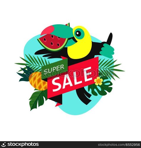 Summer sale. Vector illustration in cartoon style. Cheerful Toucan invites you to a sale.