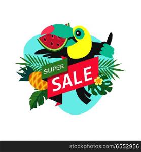 Summer sale. Vector illustration in cartoon style. Cheerful Toucan invites you to a sale.