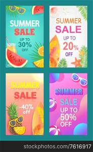 Summer sale vector, season discount leaflets set. Slices of watermelon, pineapple and orange, sun glasses, surfboard and starfish, shell and palm leaves, bunners for summertime business. Summer Sale Vector Banner Promotion Leaflet Sample