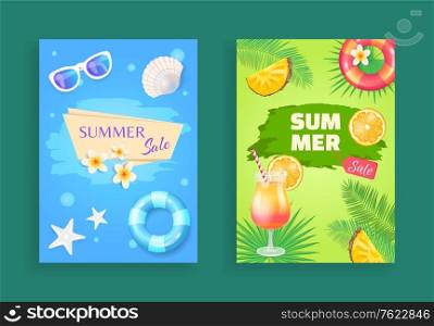 Summer sale vector shaped ribbon, leaflet sample. Inflatable ring and flower, sun glasses, star and shell, pieces of fruit, palm leaves and cocktail. Summer Sale Vector Banner Promotion Leaflet Sample