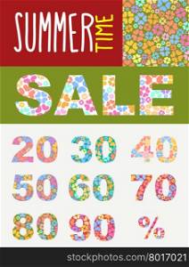 Summer sale. Vector template for flyers. Set font of discount flowers.&#xA;
