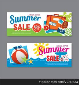 Summer sale voucher background template. Discount coupon. Banner season elements flat design.