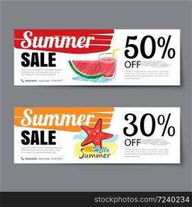 Summer sale voucher template.Discount coupon. Banner hand drawn flat design