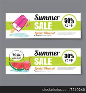 Summer sale voucher template.Discount coupon. Banner hand drawn flat design
