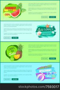 Summer sale watermelon and star, set of posters with text. Pineapple fruit slices and seashell on water. Discounts and seasonal proposition vector. Summer Sale Watermelon Star Vector Illustration