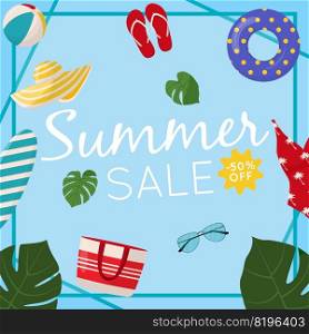 Summer sale web banner design. Summer sale discount text with beach elements like swimsuit, beach ball and flip flops for summer seasonal promotion for banners, wallpaper, flyers, invitation, posters, brochure. Flat vector illustration. Summer sale web banner design. Summer sale discount text with beach elements like swimsuit, beach ball and flip flops for summer seasonal promotion for banners, wallpaper, flyers, invitation, posters, brochure. Flat vector illustration.