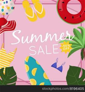 Summer sale web banner design. Summer sale discount text with beach elements like swimsuit, beach ball and flip flops for summer seasonal promotion for banners, wallpaper, flyers, invitation, posters, brochure. Flat vector illustration. Summer sale web banner design. Summer sale discount text with beach elements like swimsuit, beach ball and flip flops for summer seasonal promotion for banners, wallpaper, flyers, invitation, posters, brochure. Flat vector illustration.