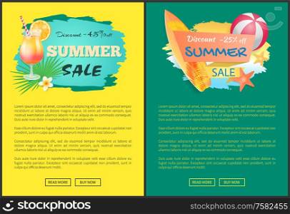 Summer sale web posters cocktail and surfboard, inflatable ball and starfish, palm leaves and flowers. Vector promo leaflets with summertime attributes. Summer Sale Web Posters Cocktail and Surfboard