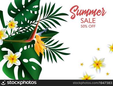 Summer Sale white Tropical design template banner. Exotic green flowers with monstera and palm leaves. Promotion advertisement illustration for fashion, cosmetics accessorize. Vector background.. Summer Sale Tropical design OF template banner