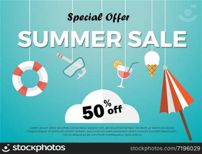 Summer sale with decoration origami hanging on background. Vector illustration for promotion, discount and offer