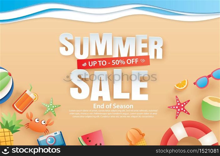 Summer sale with decoration origami on beach background. Paper art and craft style. Vector illustration of ice cream, watermelon, sunglasses.