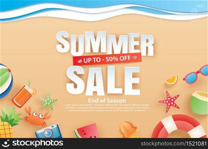 Summer sale with decoration origami on beach background. Paper art and craft style. Vector illustration of ice cream, watermelon, sunglasses.